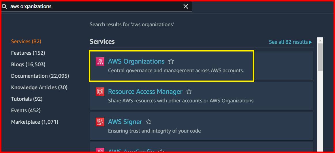 Picture showing the AWS Organizations service in the search result